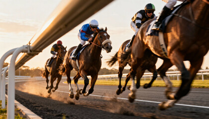High-speed action shot of a horse race at sunset. Jockeys compete on powerful thoroughbreds galloping on a dirt racetrack. Dynamic motion captures the raw energy and competition.