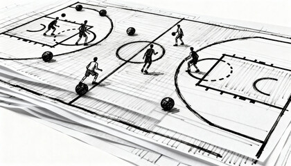 Basketball play tactics strategy sketch. Coaching playbook illustration shows a game plan and court formation. Concept of teamwork, training, analysis, and competition.