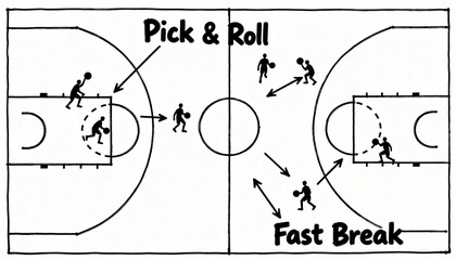 Basketball play tactics and strategy drawn on a court. Pick and roll and fast break game plan scheme. Coaching infographic for team sport. Isolated on white background.