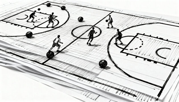 Basketball play tactics strategy sketch. Coaching playbook illustration shows a game plan and court formation. Concept of teamwork, training, analysis, and competition. - Powered by Adobe