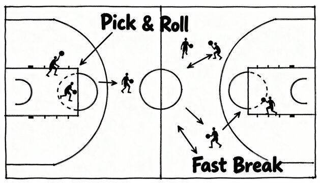 Basketball play tactics and strategy drawn on a court. Pick and roll and fast break game plan scheme. Coaching infographic for team sport. Isolated on white background.