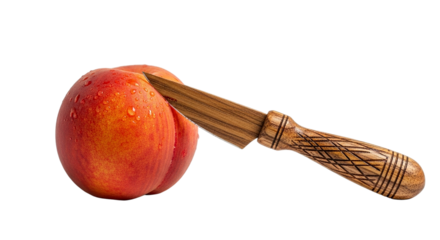 Fresh peach awaiting a sweet slice with a wooden knife poised to cut into its juicy flesh on transparent background