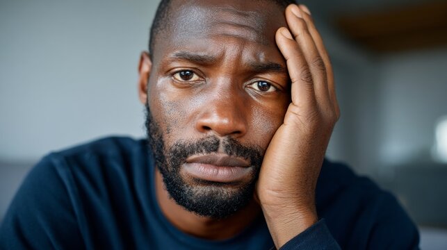 Man looking down with head tilted and hand on face.