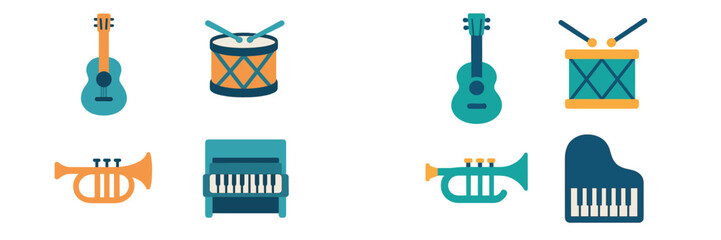 Vibrant collection of diverse musical instruments featuring guitars drums trumpets and pianos in a flat design