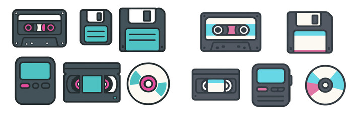 Collection of retro data storage devices including floppy disks, cassette tapes, VHS tapes, and compact discs