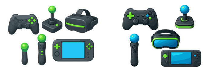Assortment of modern video game controllers, virtual reality headsets, and portable gaming devices for entertainment © icon_art