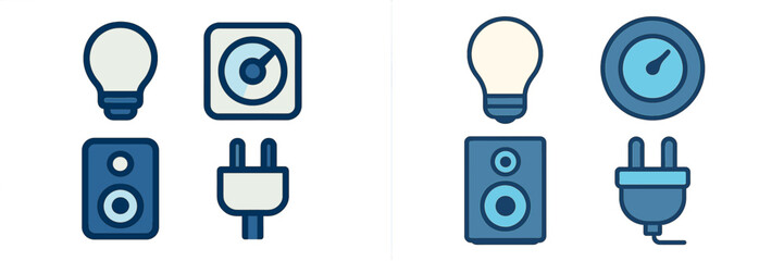 Collection of essential household electrical and electronic device icons including light bulb, gauge, speaker, and power plug