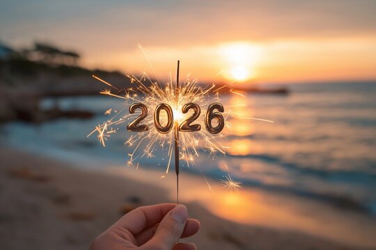 Sparkler held up with the year 2026 against a beautiful sunset at the beach.