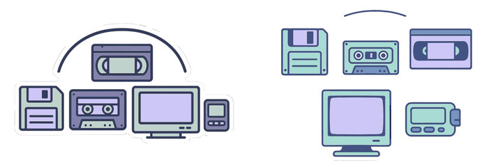 Vintage electronic devices and retro media storage from the 1980s and 1990s, including floppy disks, cassette tapes, VHS, CRT monitor, and pager