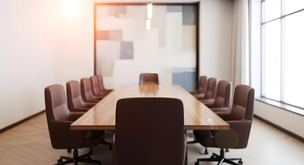 Modern Conference Room with Long Wooden Table and Leather Chairs | Corporate Meeting Space for Business Presentations and Collaboration