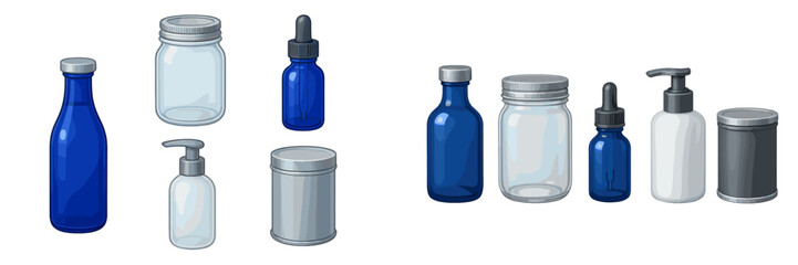 Collection of empty cosmetic and pharmaceutical packaging containers including dropper bottles, pump bottles, and jars for product mockups