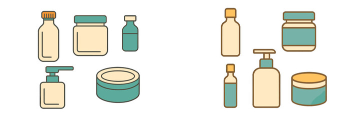 Various cosmetic and beauty product containers: bottles, jars, and pump dispensers for skincare and personal care packaging