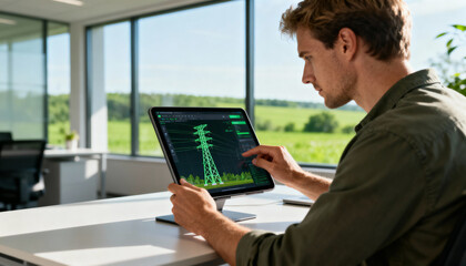 Male electrical engineer designing a high voltage power line pylon on a tablet. Sustainable green energy grid infrastructure. Modern technology architect working on project.