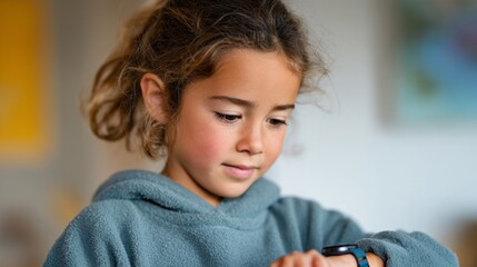 A young girl looking at her smartwatch