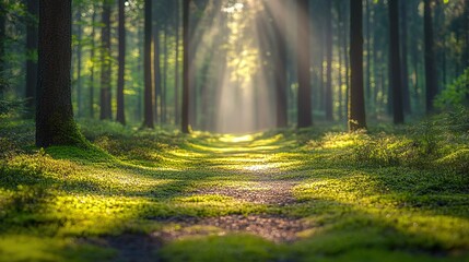 Fototapeta premium Dappled Light Forest Path with Sunbeams Through Canopy on Mossy Ground, Serene Magical Volumetric Light