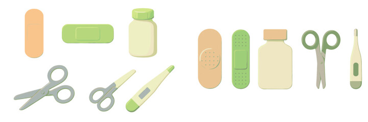 Medical supplies collection with adhesive bandages, pill bottles, safety scissors, and digital thermometers for healthcare and first aid