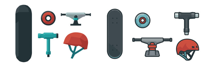 Assortment of skateboarding equipment and safety gear featuring decks, wheels, trucks, T-tools, and helmets for riders