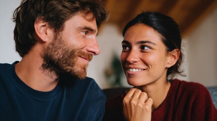 Fototapeta premium The image depicts a man and a woman looking closely at each other, with one person smiling.