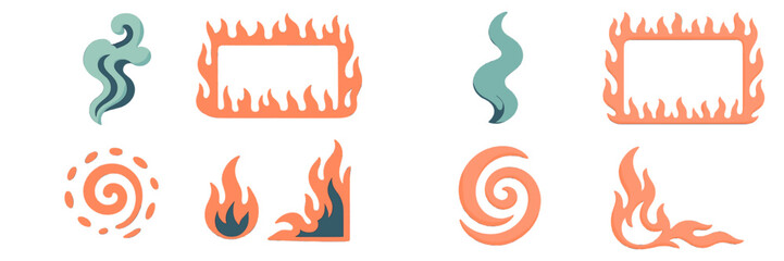 Stylized fire flames, smoke swirls, sun spirals, decorative frames, borders, and corner elements