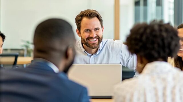 Work Productivity and Teamwork Thrive as Professionals Collaborate Around Laptop in Modern Office Meeting, Sharing Ideas and Positive Energy