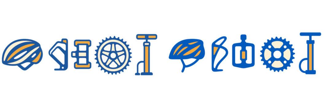 Bicycle equipment and accessories collection including helmets, gears, pedals, and pumps for cycling enthusiasts