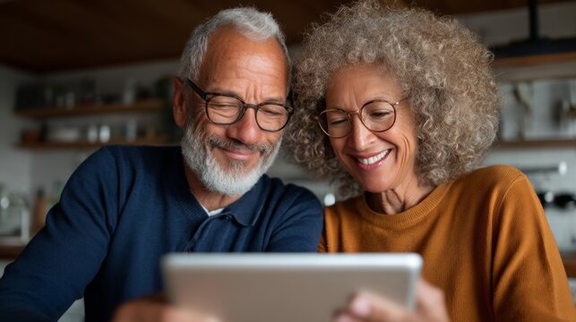 The image shows an older couple looking at something on a tablet. They appear happy and engaged with whatever they're viewing.