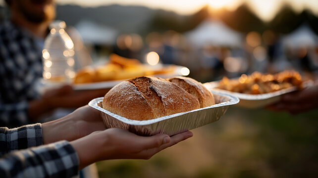 Humanitarian aid illustration with volunteers’ hands handing food boxes and bottles to outstretched hands of community members, soft shadows, blurred outdoor setting, highlighting charity and support
