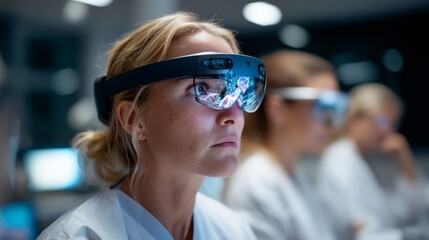 A woman working with virtual reality equipment.