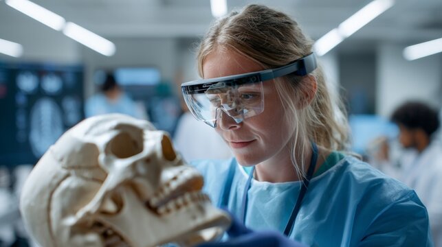 Woman in white lab coat holding a skeleton's head.