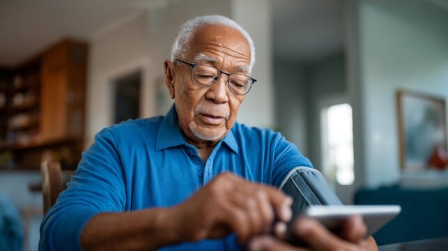 Elderly man checking his blood pressure while holding a mobile phone. - Powered by Adobe