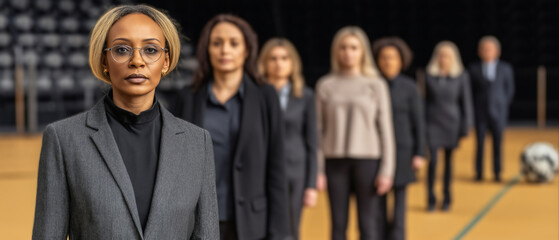 Diverse group of women in business attire on basketball court confident and determined ready for action high-resolution sports team photo