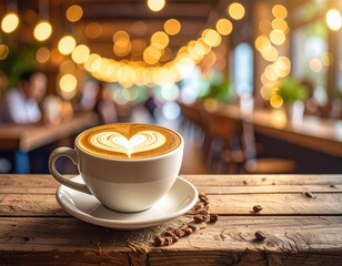 Obraz premium A steaming cup of cappuccino with latte art sits on a wooden table in a busy coffee shop.