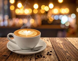 Obraz premium Steaming latte art in a white cup sits on a rustic wooden table in a warm, inviting cafe.