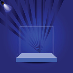 Empty Blue Stage Podium with Spotlight and Radial Light Rays Background empty stage platform