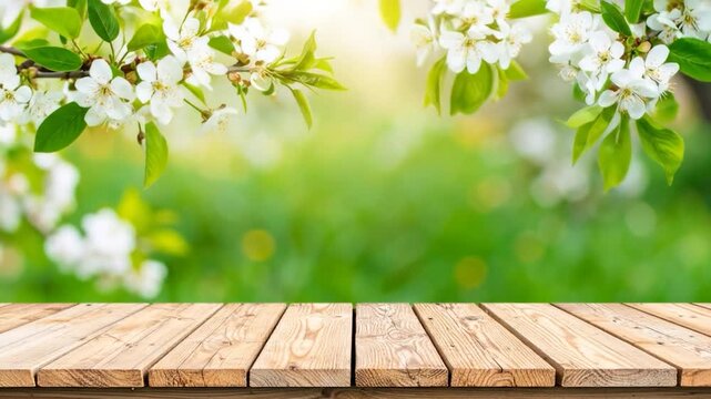 Blossoming branches frame a wooden table against a sunlit green backdrop