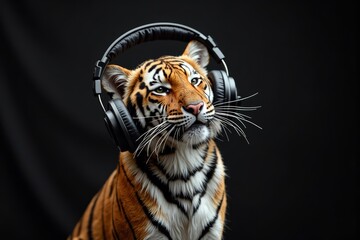 Naklejka premium Tiger Jamming Out with Headphones on a Black Background