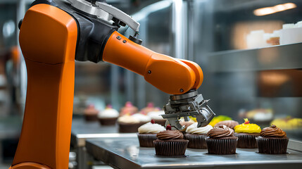 Fototapeta premium Robotic arm decorating cupcakes in a modern food production facility