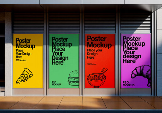 Four Vertical Poster Mockups with Food Art