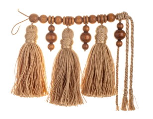 Handcrafted Decorative Tassel Fringe with Wooden Beads, Diagonal Angle, Transparent PNG