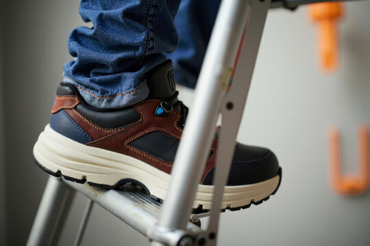 The Significance of Safety Gear: Technician wearing safety shoes confidently climbing ladder in close-up shot