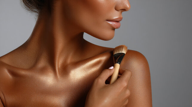 Glowing tanned skin with body highlight applied using makeup brush on shoulder and collarbone area