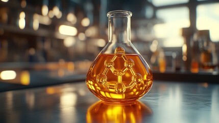 Amber flask with molecular structure, lab setting