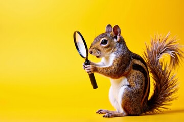 Inquisitive Squirrel Peering Through a Magnifying Glass Against a Bright Yellow Background