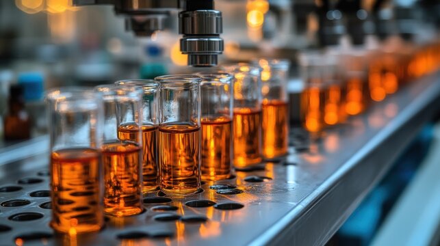 Amber liquid in test tubes on a production line