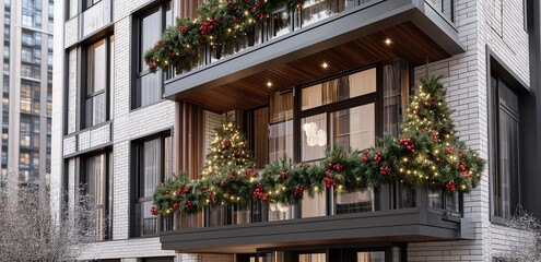Modern apartment building exterior with holiday decorations.