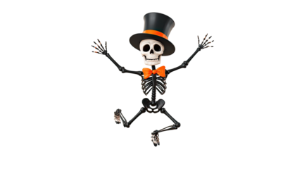 Funny Dancing Skeleton with Spooky Halloween Vibes Performing Energetic Dance Pose for Party Decoration isolated on white background