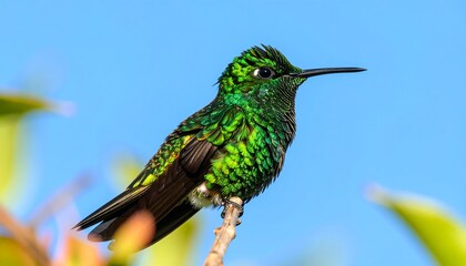 Fototapeta premium Bright green hummingbird perched on a twig against a soft, bright blue sky