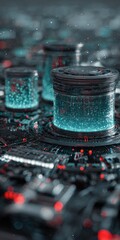 Futuristic teal liquid filled cylinders rest on a dark, intricate circuit board, glowing with red accents and a hazy background