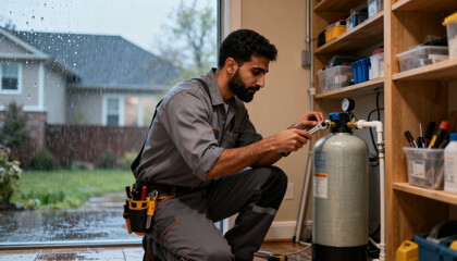 Handyman plumber installing water softener. Professional technician in uniform at work. Man fixing residential filtration system with wrench. Home improvement, maintenance service.
