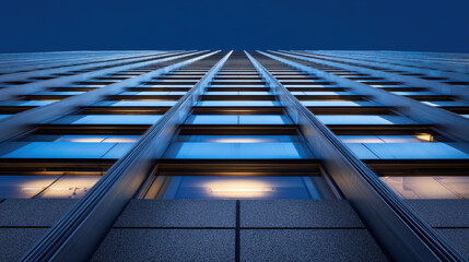 Obraz premium A modern high-rise facade with blue glass windows and glowing lights captured from a low angle